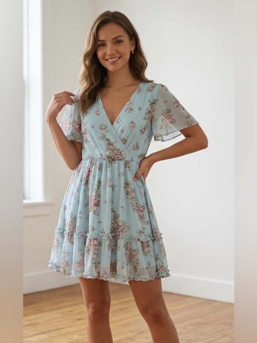 NWT Sage Collective Blue Floral Flutter Sleeve Dress 12